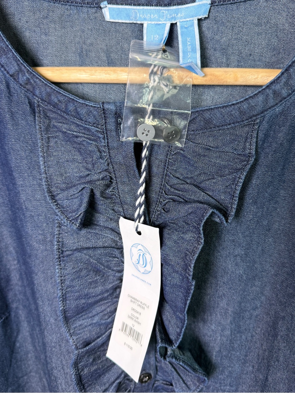 Draper James Chambray Ruffle Bell Sleeve Shift Dress Dark Wash Denim Sz 12 - Picture 6 of 9